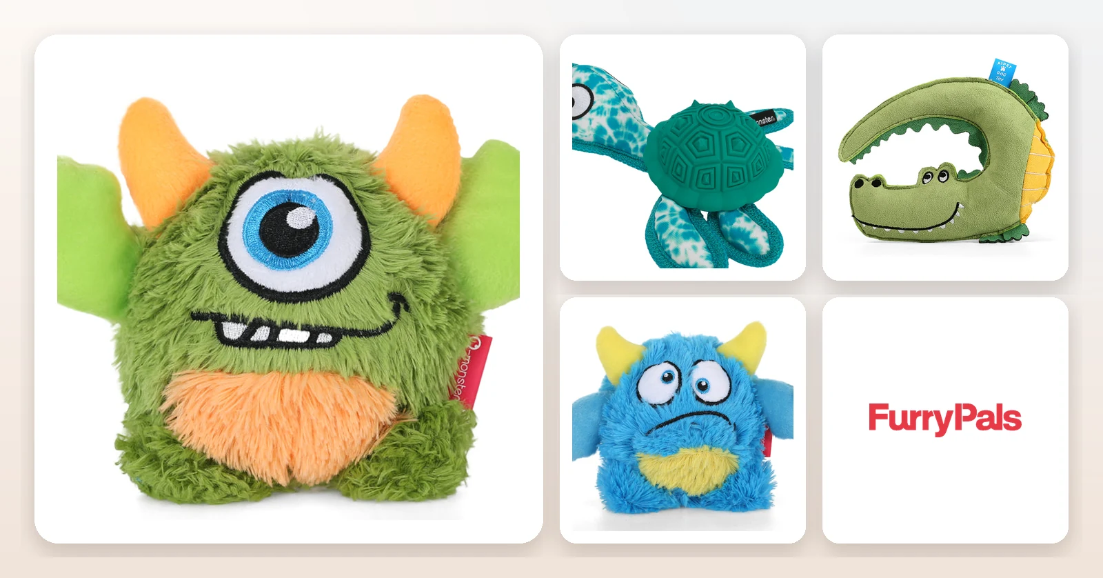 FurryPals dog toys — squeaky plush monster, sea turtle treat dispenser and crocodile dental toy