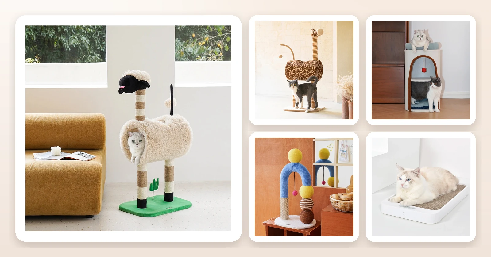 FurryPals cat trees and scratchers — sheep, giraffe and denim trees with geometric and smart scratchers